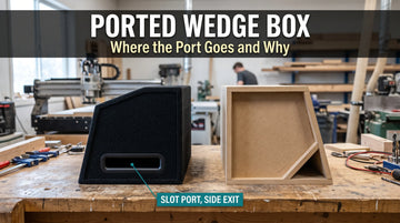 A black carpeted ported wedge subwoofer enclosure showing the rounded slot-port mouth low on its side, next to a bare MDF cutaway of the same wedge with the triangular port channel in the bottom rear corner, on a workshop bench.