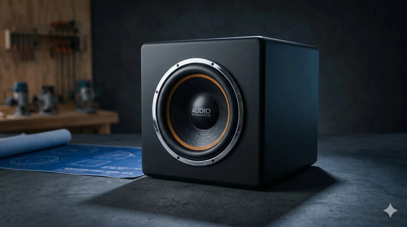 Close-up of a sealed subwoofer enclosure on a dark studio surface with dramatic side-lighting highlighting the speaker cone