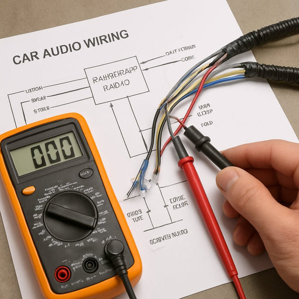 A close‑up of a car’s speaker wires being identified with a multimeter and a wiring diagram spread out on a garage table. Alt: Assess vehicle wiring for connecting amp to factory radio