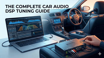 Car audio DSP tuning setup with laptop graphs, a calibration mic, and an explicit title.