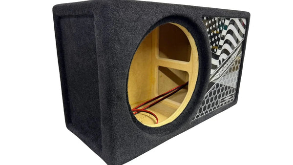 Car subwoofer enclosure with American flag design on a white background