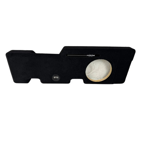 2024-2026 Ford F-150 behind-seat subwoofer enclosure, front view with the 10-inch cutout and terminal cup