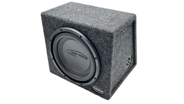 A gray carpeted car audio subwoofer box with a large gray speaker cone, shown at a three-quarter angle on a white background.