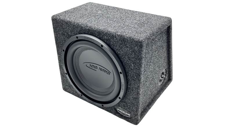 A gray carpeted car audio subwoofer box with a large gray speaker cone, shown at a three-quarter angle on a white background.