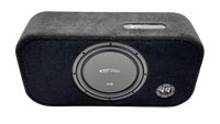A black Arc Audio subwoofer enclosure with a textured fabric cover, featuring a large circular subwoofer driver and a BNC input connector on a white background.