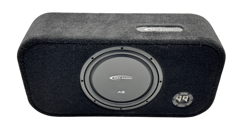 A black Arc Audio subwoofer enclosure with a textured fabric cover, featuring a large circular subwoofer driver and a BNC input connector on a white background.