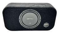 A black car audio subwoofer box with a textured fabric cover, featuring a large silver and black Arc Audio subwoofer driver and a small silver port plug on the front, shown against a plain white background.