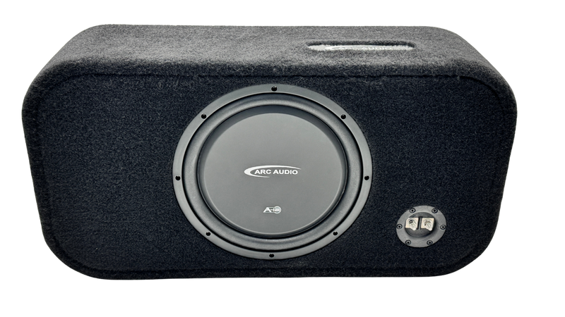 A black car audio subwoofer box with a textured fabric cover, featuring a large silver and black Arc Audio subwoofer driver and a small silver port plug on the front, shown against a plain white background.