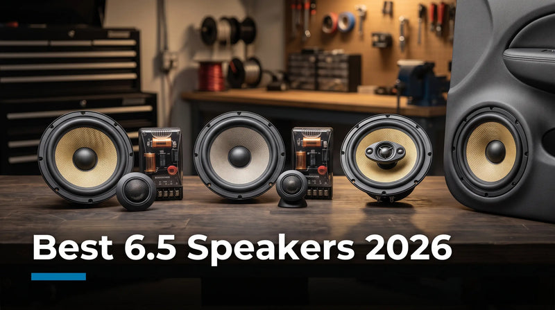 Component and coaxial car speakers with tweeters and crossovers displayed on a workbench — headline text reads "Best 6.5 Speakers 2026"