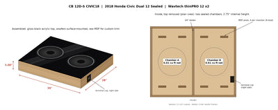 2018 Honda Civic Dual 12 Sealed custom enclosure render, assembled view and inside plan view