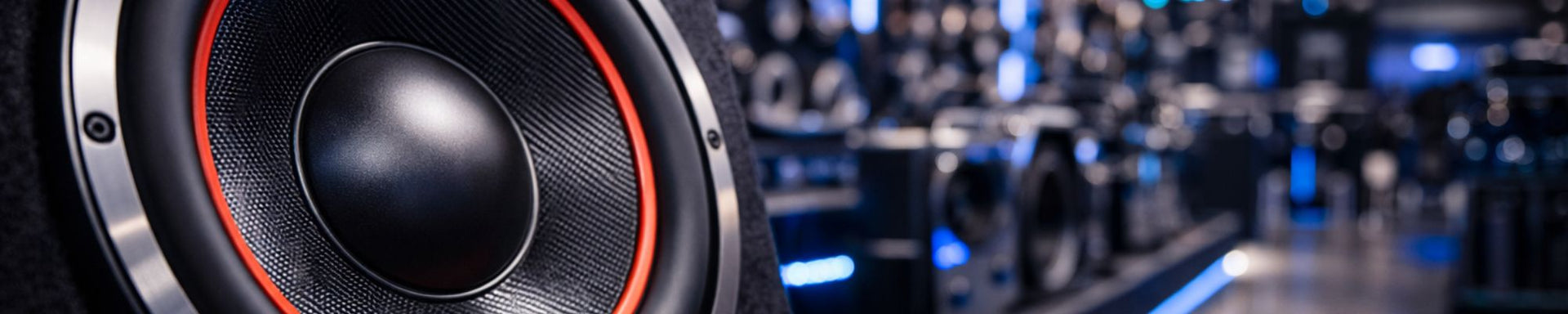 Close-up of a speaker with a blurred background of audio equipment
