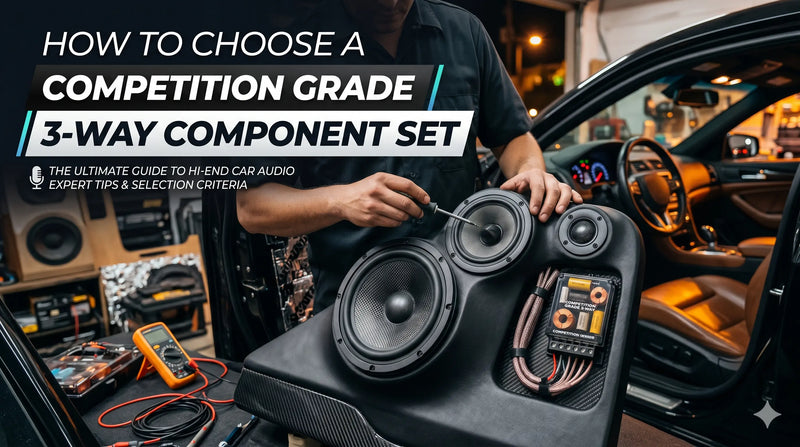 Person working on car audio components with text overlay about choosing a competition grade 3-way component set.