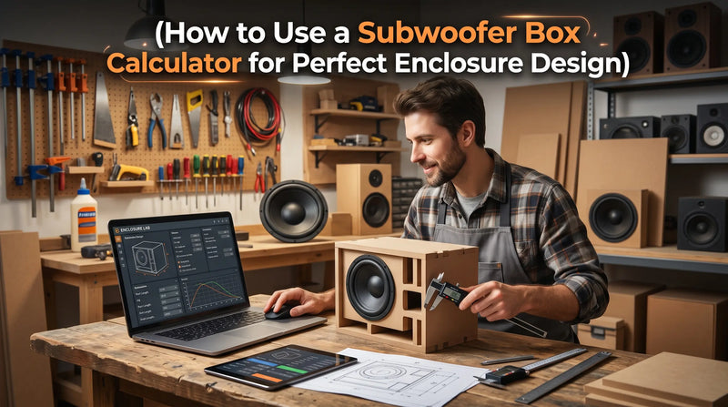Man working on a subwoofer box in a workshop with tools and equipment around.
