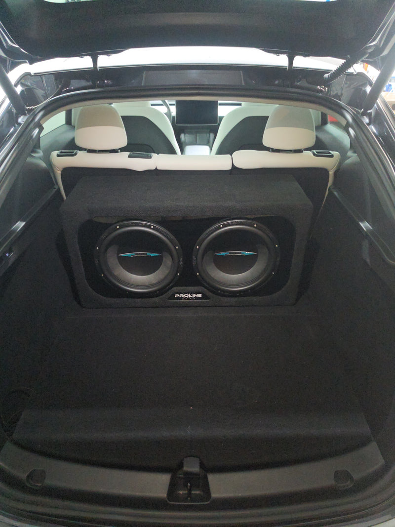 Customer install: Image Dynamics IDMAX12 V4 Dual Box: Sealed 12" Wedge Enclosure in a 2023 Tesla Model Y, running Image Dynamics IDMAX 12's
