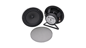 A pair of black and silver KAPMA Allure 6 inch midbass speakers shown disassembled, with one speaker face, the other showing the internal cone and backplate, and a separate circular metal grille on a white background.