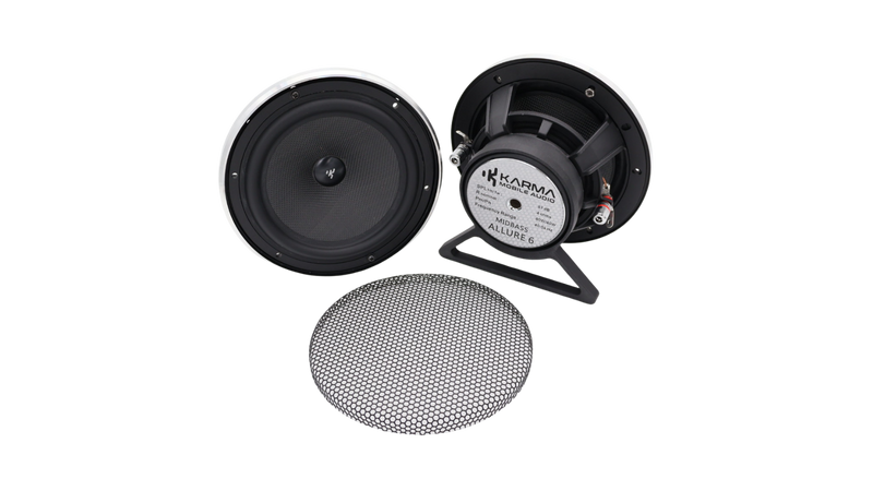 A pair of black and silver KAPMA Allure 6 inch midbass speakers shown disassembled, with one speaker face, the other showing the internal cone and backplate, and a separate circular metal grille on a white background.
