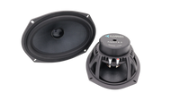 Two black car speakers shown on a plain white background, one displaying the front cone and the other showing the rear assembly with terminal connectors.