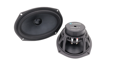 Two black car speakers shown on a plain white background, one displaying the front cone and the other showing the rear assembly with terminal connectors.