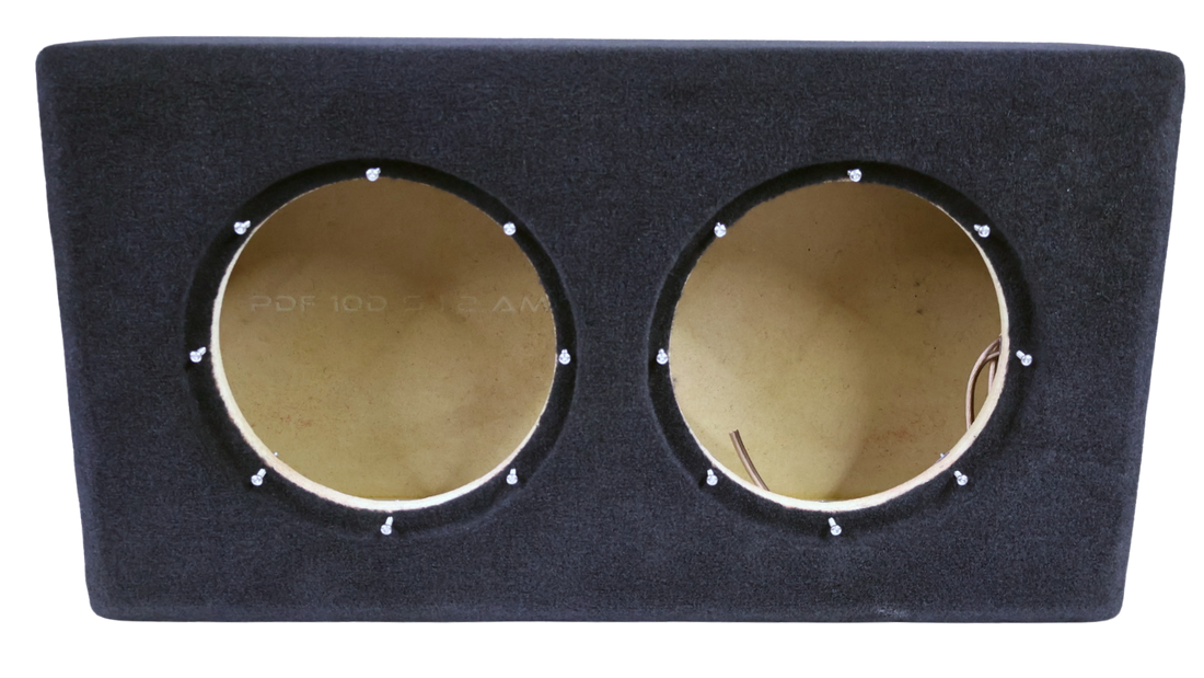Proline X dual 10 inch down fire enclosure for Audiomobile, unloaded, both cutouts showing threaded mounting studs.