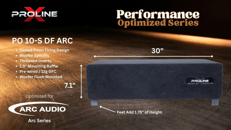 A dark gray Proline PO 10-S DF Arc woofer shown on a wooden surface with overlaid dimension labels reading 30 inches wide and 5 inches high, plus marketing text for the Proline Performance Optimized Series and Arc Audio compatibility.