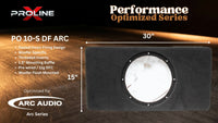 A product graphic for a Proline Performance Optimized Series PO 10-S DF Arc subwoofer enclosure. The enclosure is a black rectangular box with a circular opening, shown on a dark wood background with dimension lines indicating 30 inches by 15 inches.