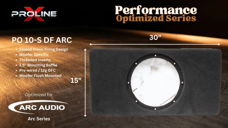 A product graphic for a Proline Performance Optimized Series PO 10-S DF Arc subwoofer enclosure. The enclosure is a black rectangular box with a circular opening, shown on a dark wood background with dimension lines indicating 30 inches by 15 inches.