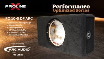 A black Arc Audio Proline PO 10-S DF Arc woofers subwoofer enclosure shown on a dark wood background with promotional text overlays.