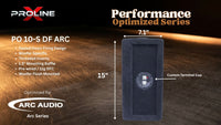A dark gray woofers flange baffle from Proline X Performance Optimized Series, labeled PO 10-S DF Arc, shown on a wooden background with dimension markings of 5 inches by 15 inches and branding for ProXline and Arc Audio.
