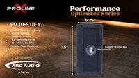 A dark gray woofers enclosure shown on a wood-textured background with overlaid dimensions (6.25" width and 15" height), product specs, and branding for Proline and Arc Audio.