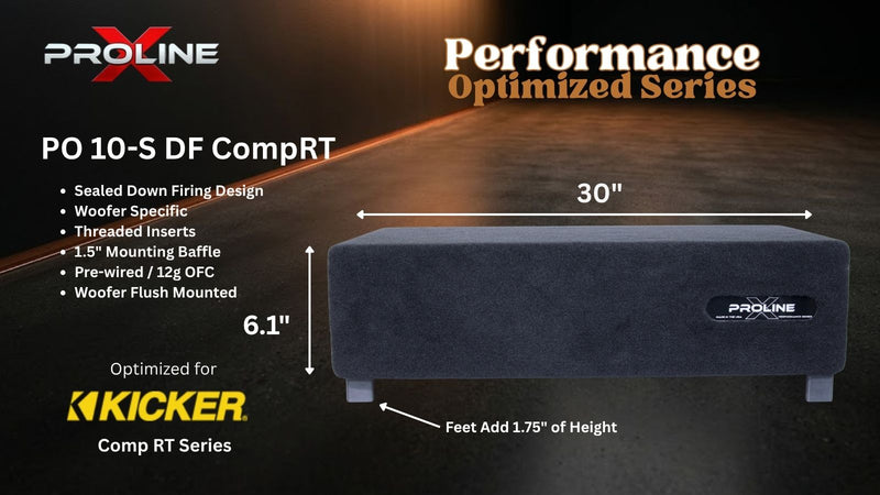 A dark gray Proline PO 10-S DF CompRT speaker cabinet shown on a dark promotional background with dimension callouts: 30 inches wide, 6.1 inches tall, and feet adding 1.