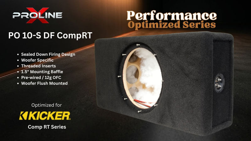 A black Proline P0 10-S DF CompRT speaker cabinet shown at an angle with a circular cutout revealing the internal wood and foam. The image includes marketing text for the 'Performance Optimized Series' and compatibility with 'Kicker Comp RT Series' on a dark background.