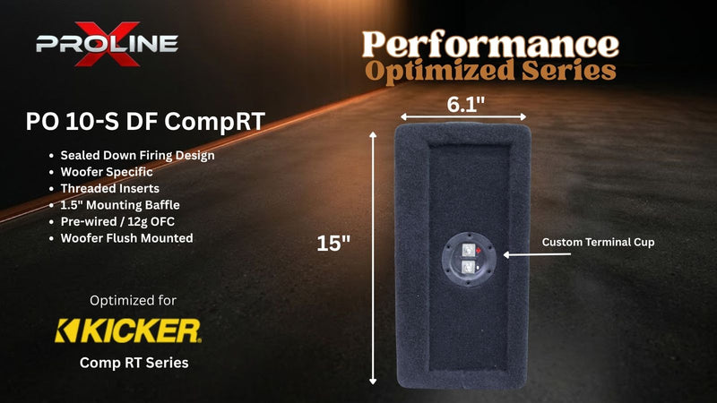A product specification graphic for a Proline PO 10-S DF CompRT speaker enclosure. The image shows a black rectangular speaker cabinet with dimension labels of 15 inches by 6.