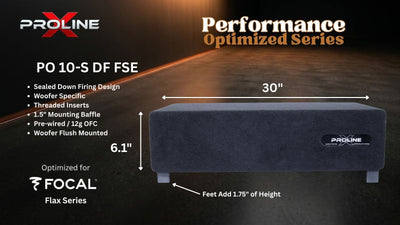 A dark gray Proline PO 10-S DF FSE speaker cabinet shown on a dark promotional graphic with dimension labels: 30 inches wide, 6.1 inches tall, and feet adding 1.