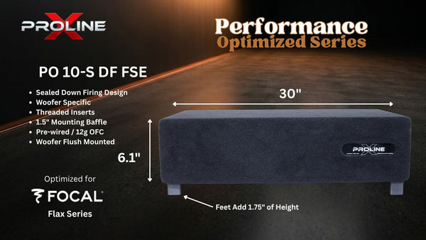 A dark gray Proline PO 10-S DF FSE speaker cabinet shown on a dark promotional graphic with dimension labels: 30 inches wide, 6.1 inches tall, and feet adding 1.