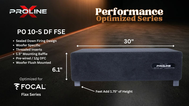 A dark gray Proline PO 10-S DF FSE speaker cabinet shown on a dark promotional graphic with dimension labels: 30 inches wide, 6.1 inches tall, and feet adding 1.