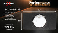 A black rectangular speaker mounting plate or flange with a circular cutout, shown on a dark promotional graphic. The image includes text reading 'PROLINE X Performance Optimized Series,' 'PO 10-S DF FSE,' dimensions '30"' and '15",' and 'Optimized for Focal Flax Series.