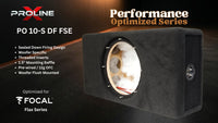 A black Proline PO 10-S DF FSE subwoofer enclosure shown at an angle on a dark promotional background, with text listing features and branding for Proline and Focal.