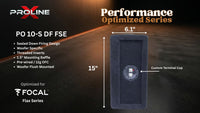 A dark gray rectangular woofers enclosure shown on a black background with measurement annotations: 15 inches tall, 6.1 inches wide, and a custom terminal cup.