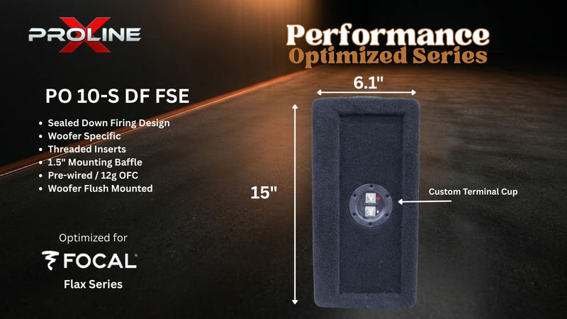 A dark gray rectangular woofers enclosure shown on a black background with measurement annotations: 15 inches tall, 6.1 inches wide, and a custom terminal cup.