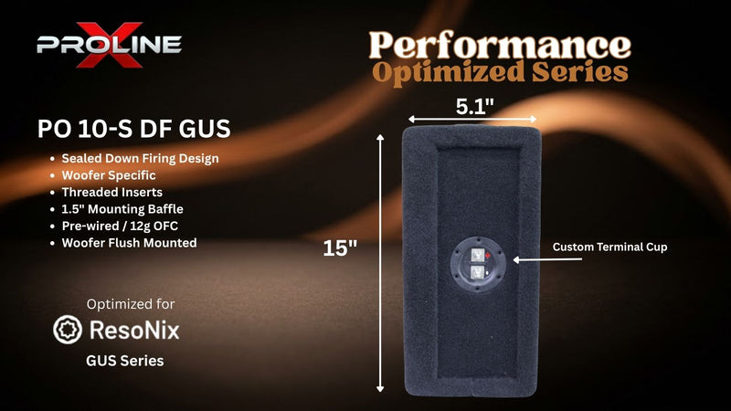 A promotional product graphic for a Proline Performance Optimized Series PO 10-S DF GUS speaker. The image shows a dark gray rectangular woofer with a circular custom terminal cup, annotated with dimensions of 5.