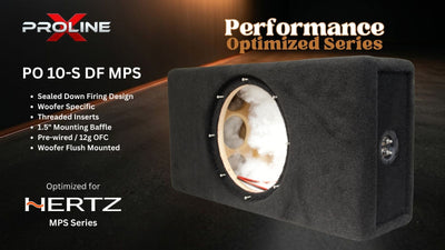 A black Proline X woofers PO 10-S DF MPS subwoofer box shown at a three-quarter angle, featuring a circular opening with a beige inner ring and a red accent. The background is dark with orange glow effects, and text highlights 'Performance Optimized Series' and compatibility with 'Hertz MPS Series'.