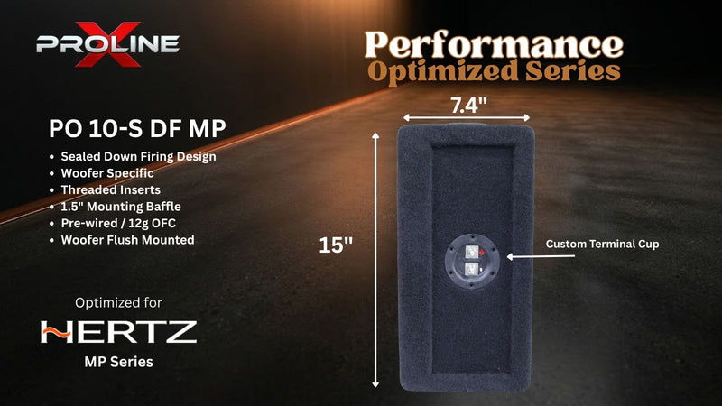 A dark gray rectangular woofers enclosure shown on a black background with measurement annotations reading 15 inches tall, 7.4 inches wide, and a custom terminal cup label.