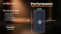 A dark gray woofers enclosure from Proline Performance Optimized Series, labeled PO 10-S DF NB3, with dimension markings of 15 inches by 6.25 inches on a dark brown gradient background.