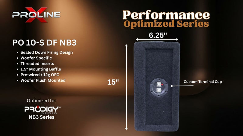 A dark gray woofers enclosure from Proline Performance Optimized Series, labeled PO 10-S DF NB3, with dimension markings of 15 inches by 6.25 inches on a dark brown gradient background.