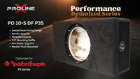 A black Proline Performance Optimized Series PO 10-S DF P3S woofers subwoofer enclosure box shown on a dark promotional background with text detailing features and compatibility with Rockford Fosgate P3 Series.
