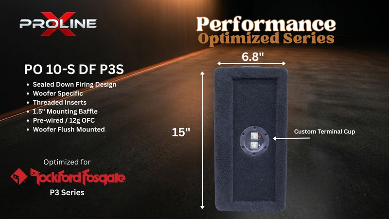 A product specification and dimension graphic for a Proline Performance Optimized Series PO 10-S DF P3S speaker enclosure. The image shows a black rectangular speaker cabinet with dimension lines indicating 15 inches height and 7.