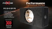A black Proline X woofers PO 10-S DF PS subwoofer box shown at an angle, featuring a circular cutout revealing the internal cone and baffle. The image includes promotional text for the 'Performance Optimized Series' and compatibility with the Morel PS Series.