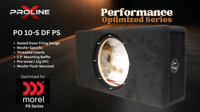 A black Proline X woofers PO 10-S DF PS subwoofer box shown at an angle, featuring a circular cutout revealing the internal cone and baffle. The image includes promotional text for the 'Performance Optimized Series' and compatibility with the Morel PS Series.
