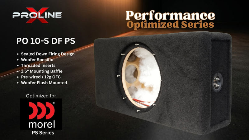 A black Proline X woofers PO 10-S DF PS subwoofer box shown at an angle, featuring a circular cutout revealing the internal cone and baffle. The image includes promotional text for the 'Performance Optimized Series' and compatibility with the Morel PS Series.