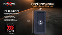 A dark gray Woofer Proline PO 10-S DF PS speaker enclosure shown on a dark stage background with dimension labels of 15 inches by 4.9 inches and text describing features and compatibility with the Morel PS Series.